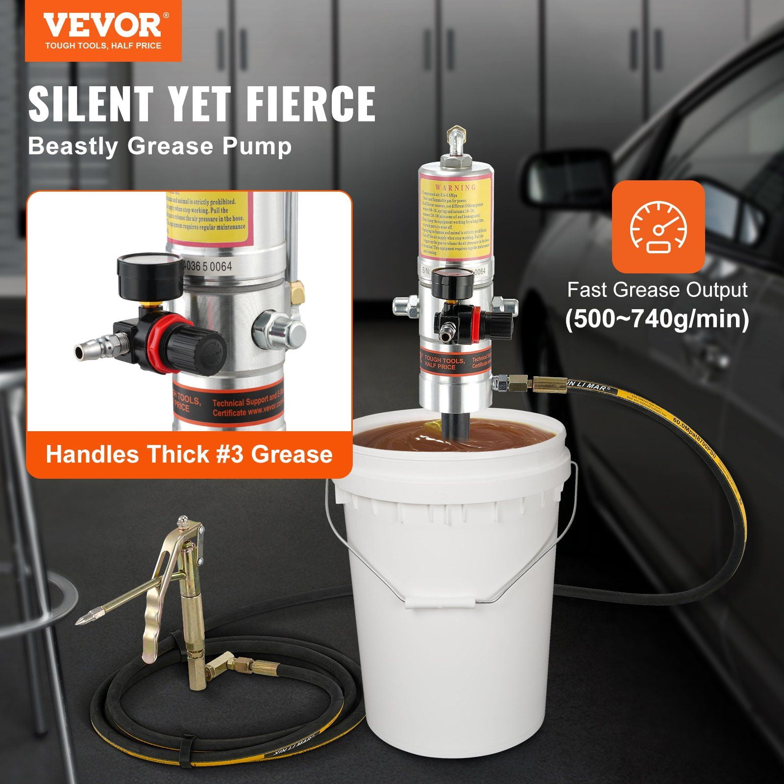 Grease Pump,50:1 Pressure Ratio Air Operated Grease Pump with 13 ft High Pressure Hose&Grease Gun,Pneumatic Grease Pump,Portable Lubrication Grease Pump with 360° Swivel Grease Gun Head