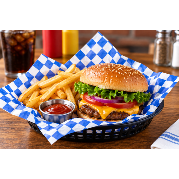 Grease Resistant Sandwich Wrap and Basket Liner, 12" x 12", Pack of 1,000 Sheets available in Blue Gingham Checkered Print. (480BL)