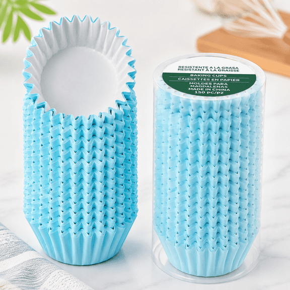 Grease-Resistant Standard Blue Cupcake Liners 200 Counts - Heavy Duty Paper Muffin Baking Cups, Odorless, No Muffin Pan Needed, Easily Peels (Light Blue)