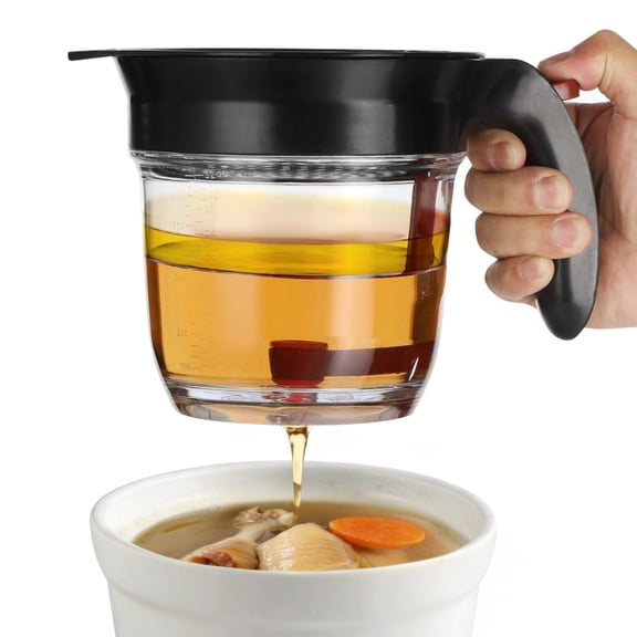 Grease Separator with Bottom Release, 33.8 oz Large Capacity Gravy Separator, Plastic Oil Strainer with Filter, Clear Measuring Cup Body, Ideal for Kitchen Broth, Soup, Sauce and Stew