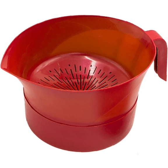 Grease Strainer With Handle And Container, Catch Bowl With Lid 3 Piece Strain Set | Strains Ground Beef, Bacon & Pasta | Safe Kitchen Gadget | (Red)