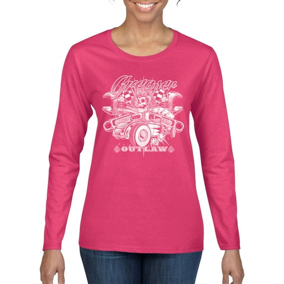Greaser Outlaw Hot Rod Gambling Mechanic Pop Culture Womens Graphic Long Sleeve T-Shirt, Fuschia, Medium