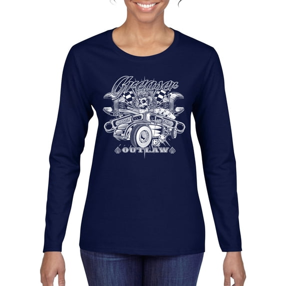 Greaser Outlaw Hot Rod Gambling Mechanic Pop Culture Womens Graphic Long Sleeve T-Shirt, Navy, Small