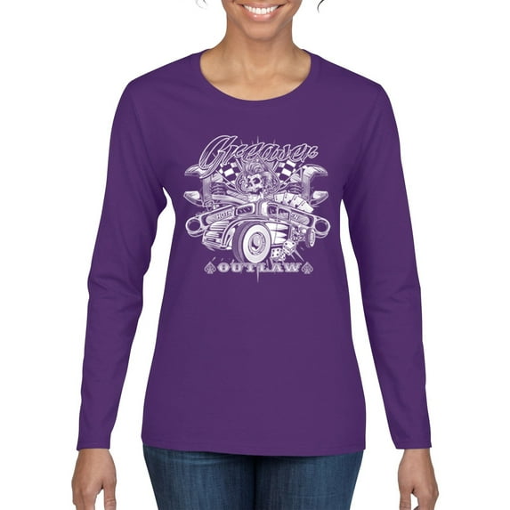 Greaser Outlaw Hot Rod Gambling Mechanic Pop Culture Womens Graphic Long Sleeve T-Shirt, Purple, Large
