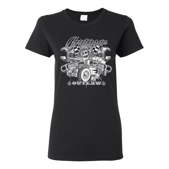 Greaser Outlaw Hot Rod Gambling Mechanic Pop Culture Womens Graphic T-Shirt, Black, Small