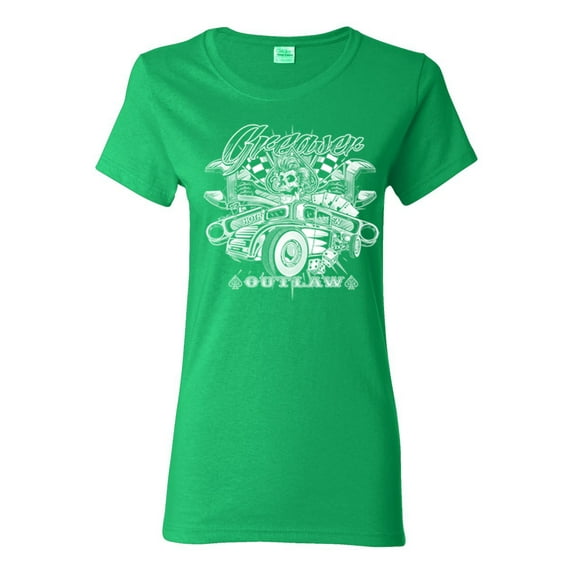 Greaser Outlaw Hot Rod Gambling Mechanic Pop Culture Womens Graphic T-Shirt, Kelly, X-Large