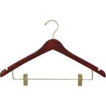The Great American Hanger Company Curved Wooden Combo Hanger with Walnut Finish and Adjustable Cushion Clips, 1/2 Inch Thick Hangers with Brass Hook &