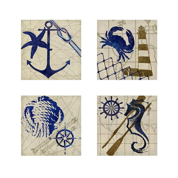 Great Art Now Anchor, Lighthouse, Seahorse & Nautical Rope by Karen J. Williams 4 Piece Print Art Set Each 12W x 12H