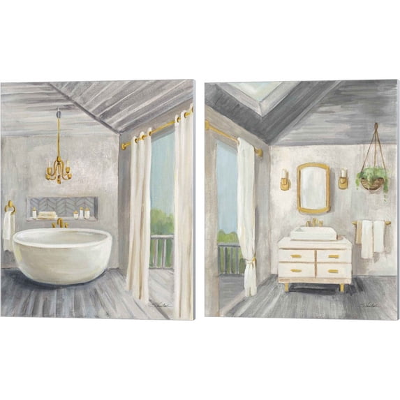 Great Art Now Attic Bathroom Gray by Silvia Vassileva 2 Piece Canvas Art Set Each 12"W x 15"H