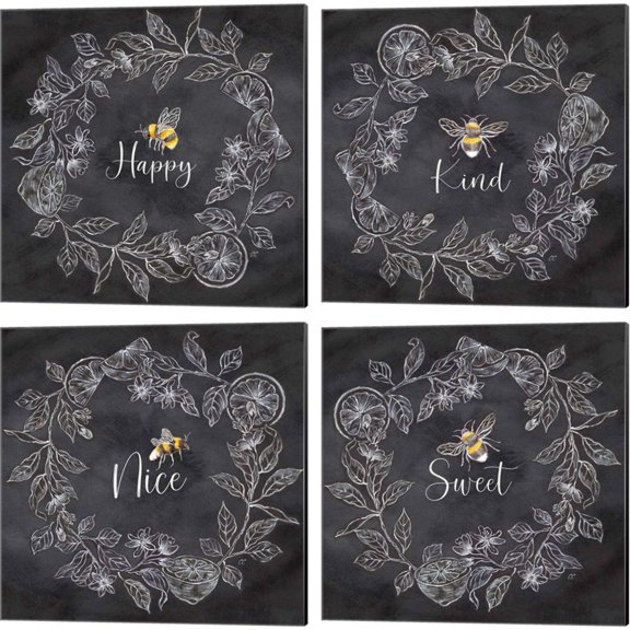 Great Art Now Bee Sentiment Wreath Black by Cynthia Coulter 4 Piece Canvas Art Set Each 14W x 14H