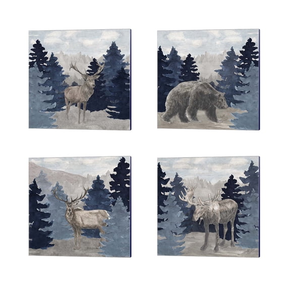 Great Art Now Blue Cliff Mountains Scene -Bear, Deer, Elk, Moose by Tara Reed 4 Piece Canvas Art Set Each 14"W x 14"H