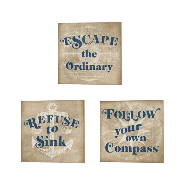 Great Art Now Burlap World Map by Sue Schlabach 3 Piece Canvas Art Set Each 14"W x 14"H