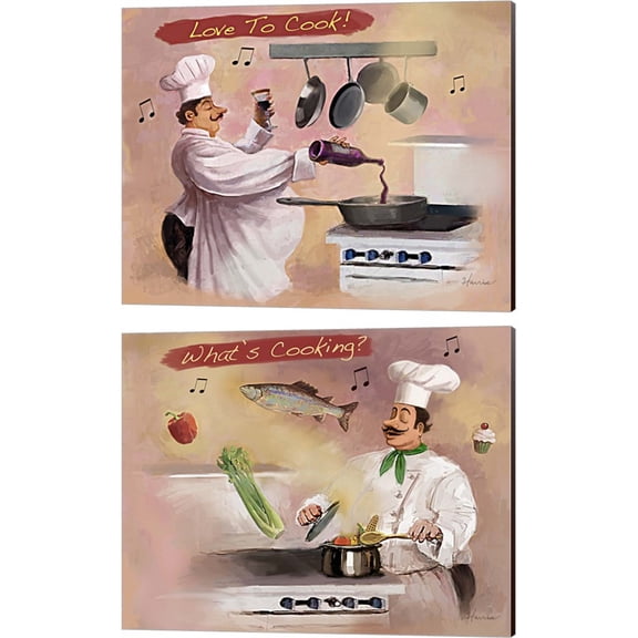 Great Art Now Chef Wine & Look What's Cooking by Frank Harris 2 Piece Canvas Art Set Each 15"W x 12"H