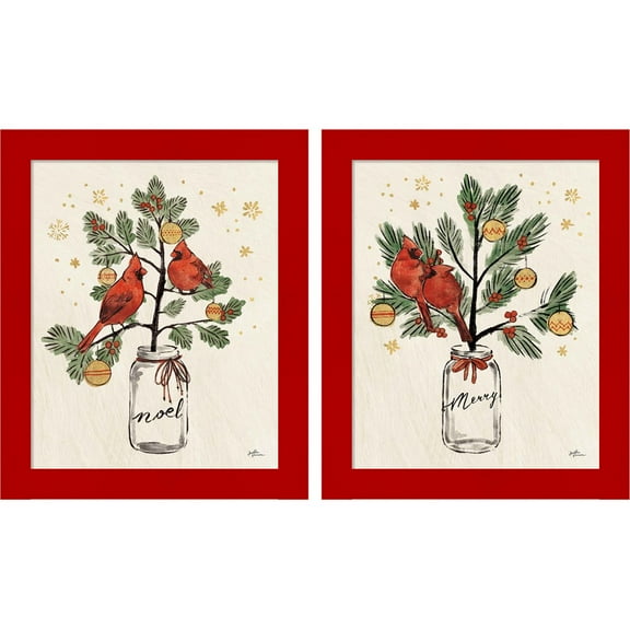 Great Art Now Christmas Lovebirds Noel by Janelle Penner, 2 Piece Framed Art Set Each 10"W x 12"H