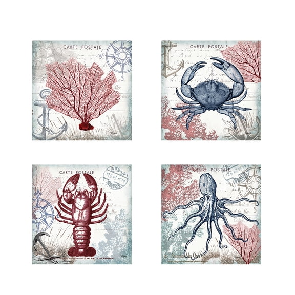 Great Art Now Coastal Sea Life by Tre Sorelle Studios 4 Piece Print Art Set Each 12W x 12H