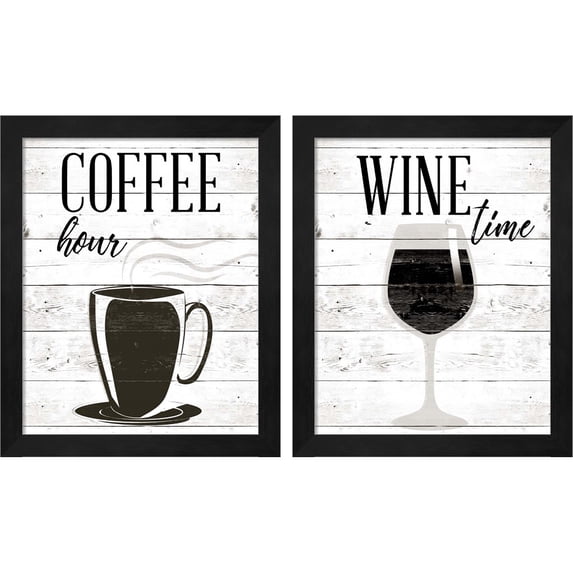 Great Art Now Coffee Hour & Wine Time by SD Graphics Studio, 2 Piece Framed Art Set Each 9.25"W x 11.25"H