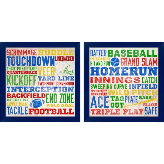 Great Art Now Colorful Football & Baseball Typography by SD Graphics Studio, 2 Piece Framed Art Set Each 14"W x 14H