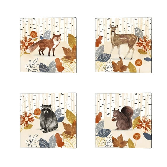Great Art Now Cozy Autumn Woodland by Victoria Borges 4 Piece Canvas Art Set Each 14W x 14H
