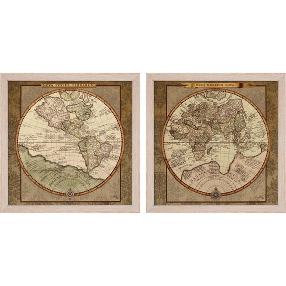 Great Art Now Damask World Map by Elizabeth Medley, 2 Piece Framed Art Set Each 13"W x 13"H