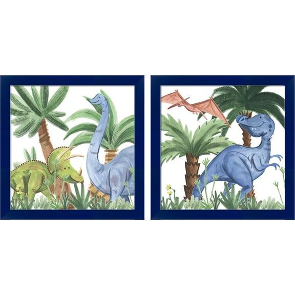 Great Art Now Dino Buddies by Jamie Douglas, 2 Piece Framed Art Set Each 14"W x 14"H
