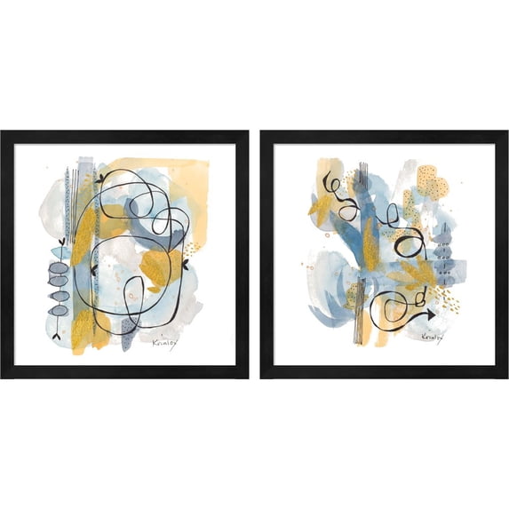 Great Art Now Dreaming in Gold And Blue by Krinlox, 2 Piece Framed Art Set Each 13.25"W x 13.25"H