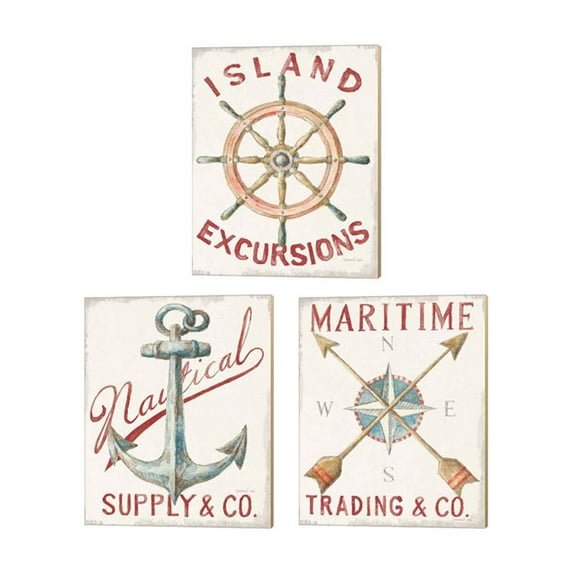 Great Art Now Floursack Nautical Red by Danhui Nai 3 Piece Canvas Art Set Each 12"W x 15"H