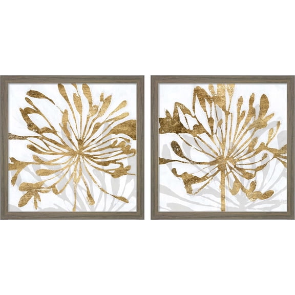 Great Art Now Golden Gilt Bloom by Annie Warren, 2 Piece Framed Art Set Each 13"W x 13"H