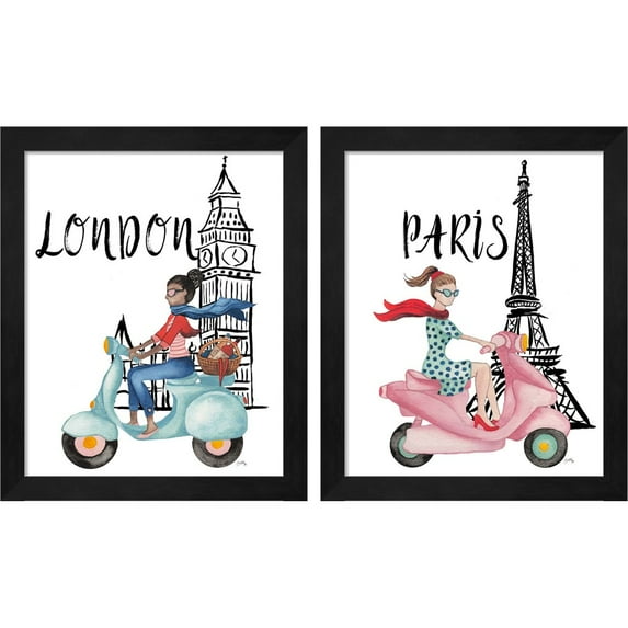 Great Art Now London & Paris By Moped by Elizabeth Medley, 2 Piece Framed Art Set Each 9.25"W x 11.25"H