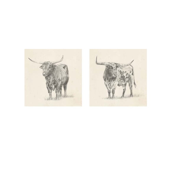 Great Art Now Longhorn Steer Sketch by Ethan Harper 2 Piece Print Art Set Each 12W x 12H