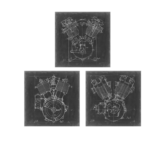 Great Art Now Motorcycle Engine Blueprint by Ethan Harper 3 Piece Print Art Set Each 12W x 12H