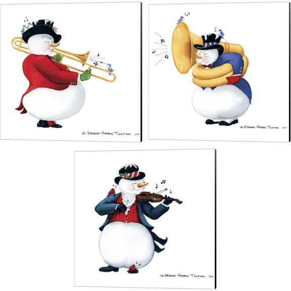 Great Art Now Musical Snowmen Trombone, Tuba & Violin by Brenda Tustian 3 Piece Canvas Art Set Each 14W x 14H