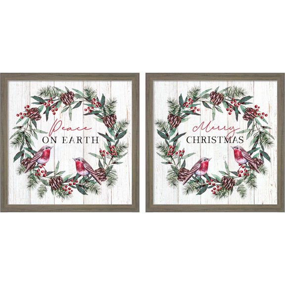 Great Art Now Peace on Earth & Merry Christmas by Elizabeth Tyndall, 2 Piece Framed Art Set Each 13"W x 13"H
