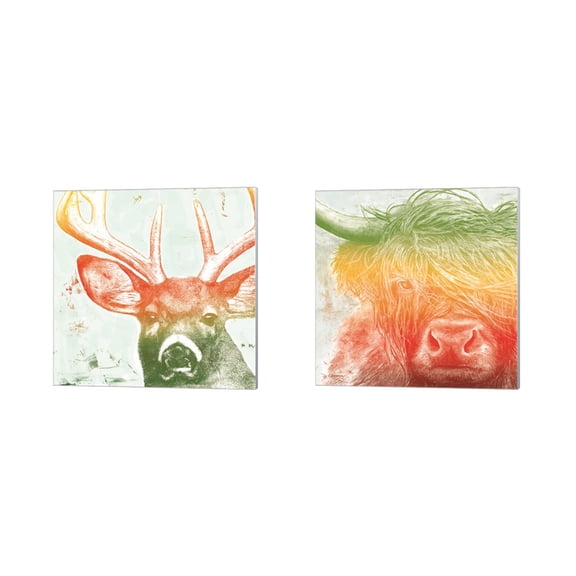 Great Art Now Portrait of a Deer & Norwegian Bison Rainbow by Marie-Elaine Cusson 2 Piece Canvas Art Set Each 14"W x 14"H