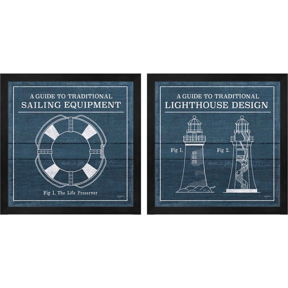 Great Art Now Sailing Knots Life Preserver & Lighthouse by Mary Urban, 2 Piece Framed Art Set Each 13"W x 13"H