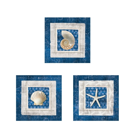 Great Art Now Sea Shell on Blue by Belinda Aldrich 3 Piece Print Art Set Each 12W x 12H