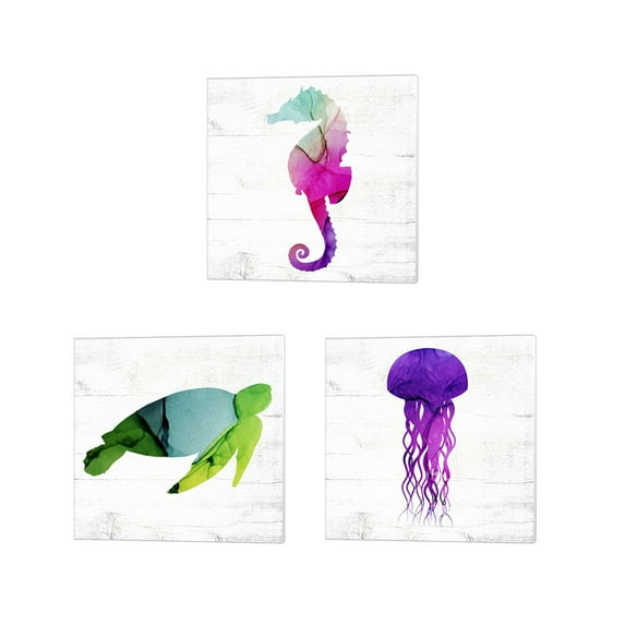 Great Art Now Seahorse, Sea Turtle & Jelly Fish by Valerie Wieners 3 Piece Canvas Art Set Each 14W x 14H