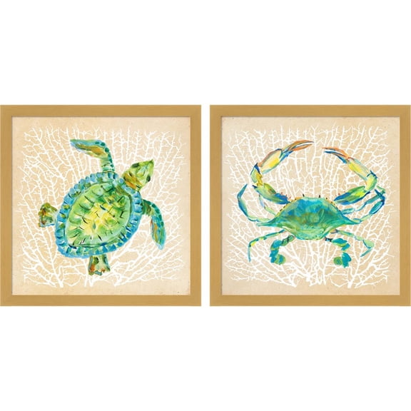 Great Art Now Sealife Turtle & Crab by Julie DeRice, 2 Piece Framed Art Set Each 13"W x 13"H
