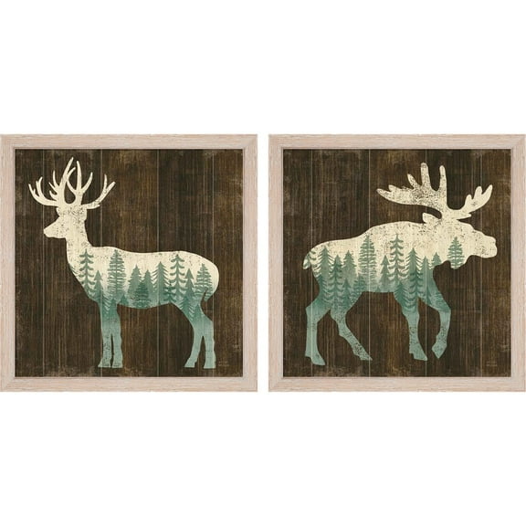 Great Art Now Simple Living Deer & Moose Silhouette by Michael Mullan, 2 Piece Framed Art Set Each 13"W x 13"H