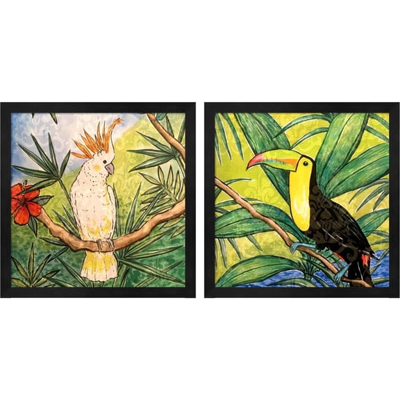 Great Art Now Tropical Bird by Nick Biscardi, 2 Piece Framed Art Set Each 13"W x 13"H