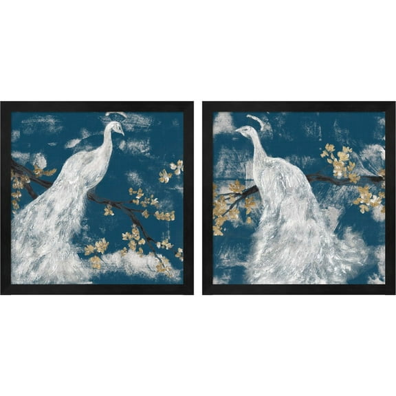 Great Art Now White Peacock on Indigo by Jennifer Goldberger, 2 Piece Framed Art Set Each 13"W x 13"H