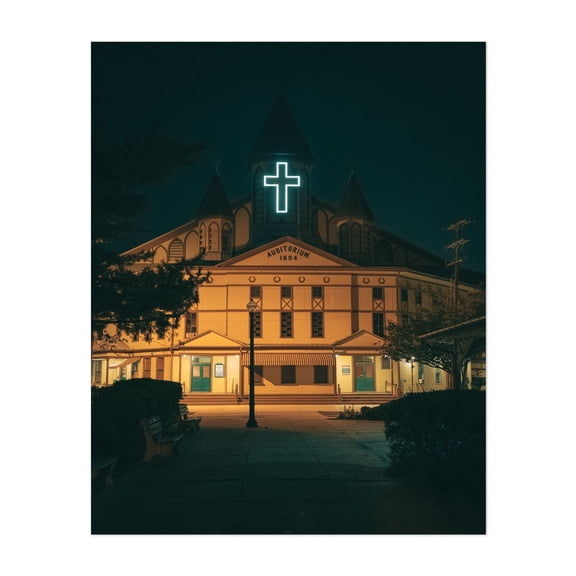 The Great Auditorium, Ocean Grove - Neptune Township New Jersey Photography Architecture Nightlife Vintage Neon Sign Church Night Sky Unframed Wall Art Print 36 x 48 inches