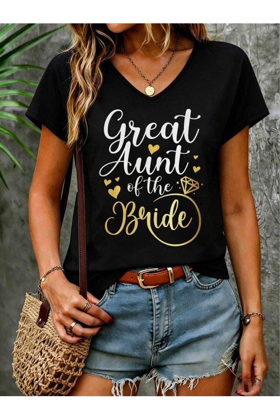 Great Aunt of The Bride Proud Great Auntie of The Bride Premium Tri-Blend V Neck T-Shirt Cotton Women's V Neck Graphic Tee, Casual Short Sleeve Shirt,Vacation Outfit