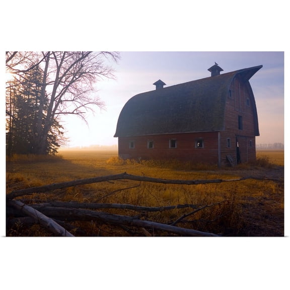 Great BIG Canvas | "A Barn Sits In Morning Mist" Art Print - 36x24