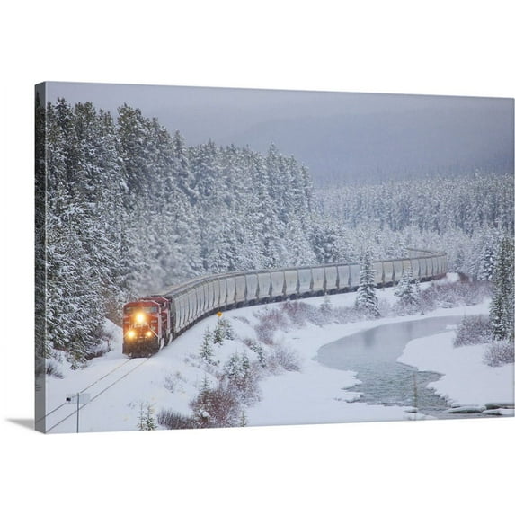Great BIG Canvas | "A Canadian Pacific Train, Alberta Highway 1A, Lake Louise, Alberta, Canada" Canvas Wall Art - 24x16