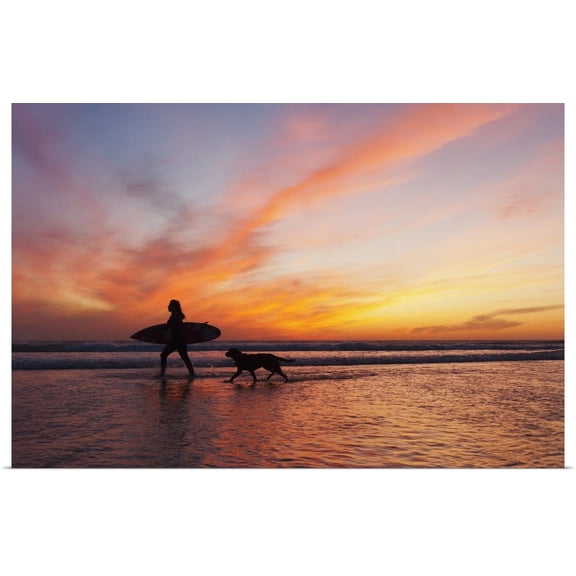 Great BIG Canvas | "A Surfer Walks In Shallow Water With Her Dog At Sunset, Andalusia, Spain" Art Print - 30x20