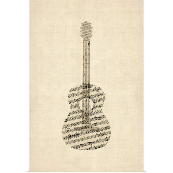 Great BIG Canvas | "Acoustic Guitar Old Sheet Music" Art Print - 16x24