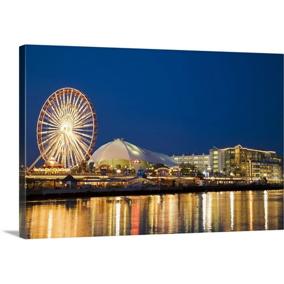 Great BIG Canvas | "Amusement Park On Navy Pier At Dusk, Chicago, Illinois" Canvas Wall Art - 36x24