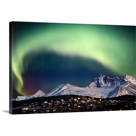 Great BIG Canvas | "Aurora Borealis over hillside neighborhood & Chugach Mountains Anchorage Alaska" Canvas Wall Art - 48x32