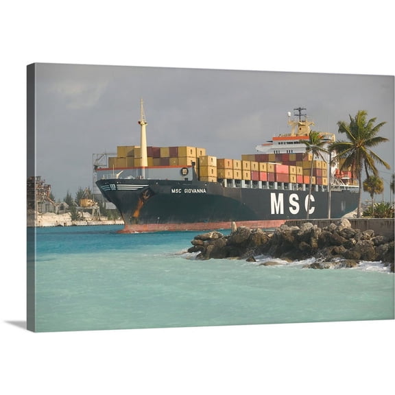 Great BIG Canvas | "Bahamas, Grand Bahama Island, Port of Freeport, Container Cargo Ship" Canvas Wall Art - 30x20