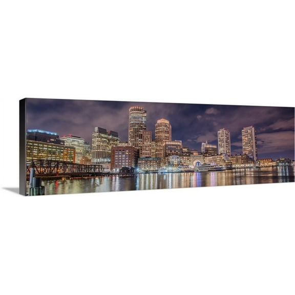 Great BIG Canvas | "Boston City Skyline at Night" Canvas Wall Art - 36x12